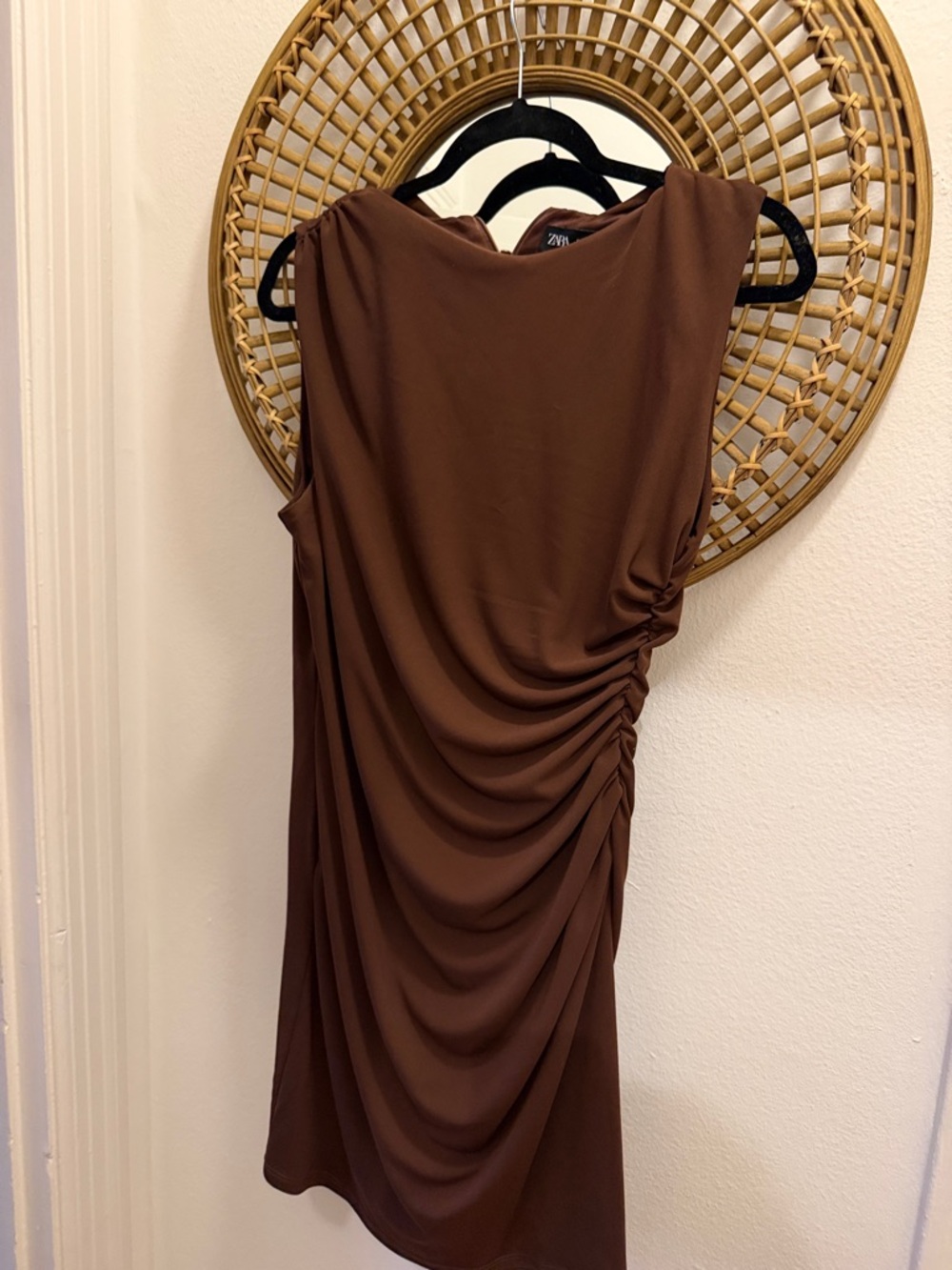 Zara Chocolate Brown Sleeveless Ruched Mini Dress